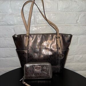 Michael Kors Iridescent Chocolate Brown Tote with Matching Wallet